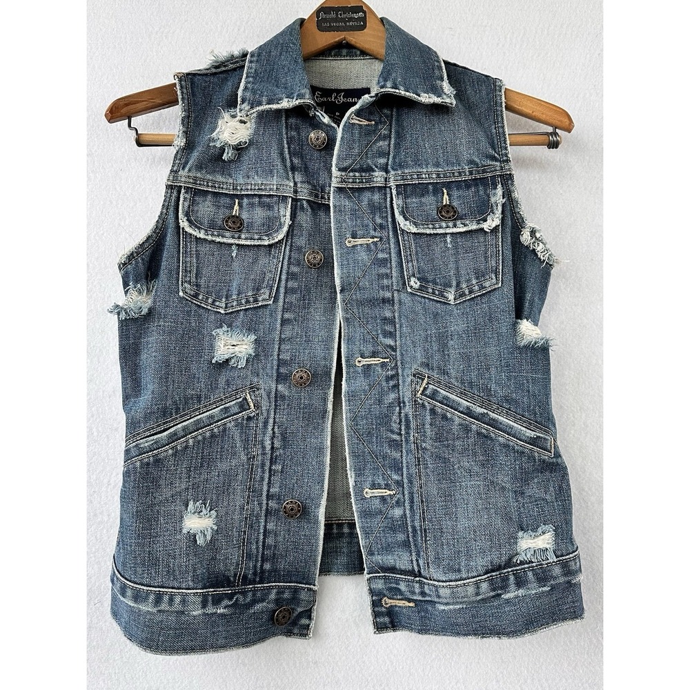 EARL JEAN Denim Distressed Vest Pockets Grunge BOHO Women's Size P Petite Small